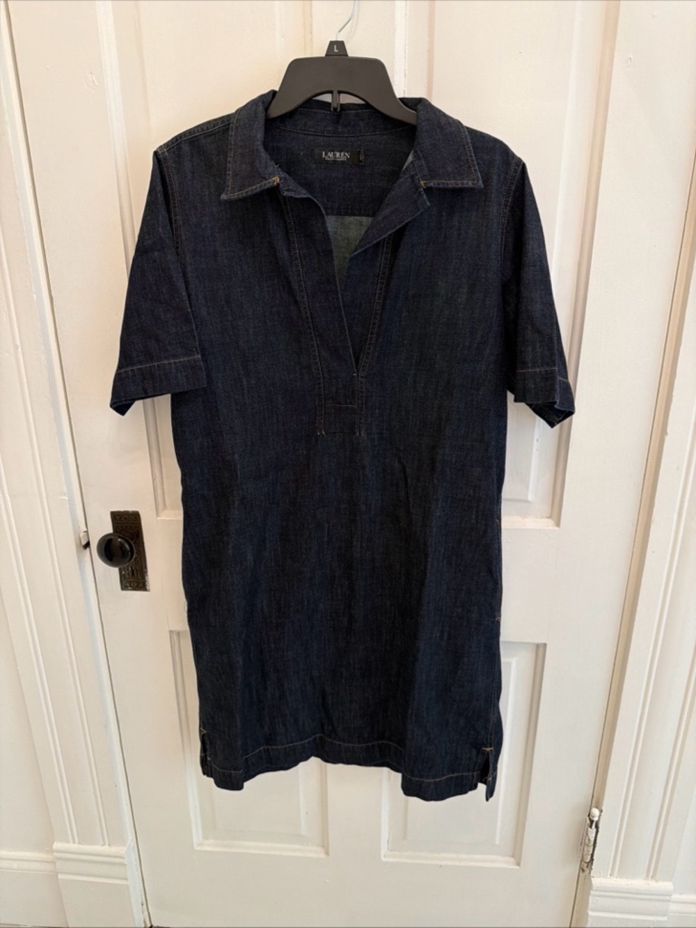 Lauren Ralph Lauren Black Label Denim Tunic Dress Womens L Short Sleeve Pop Over